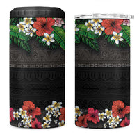 Hawaiian Tropical Flowers and Tribal Polynesian Tattoo 4 in 1 Can Cooler Tumbler Black Color