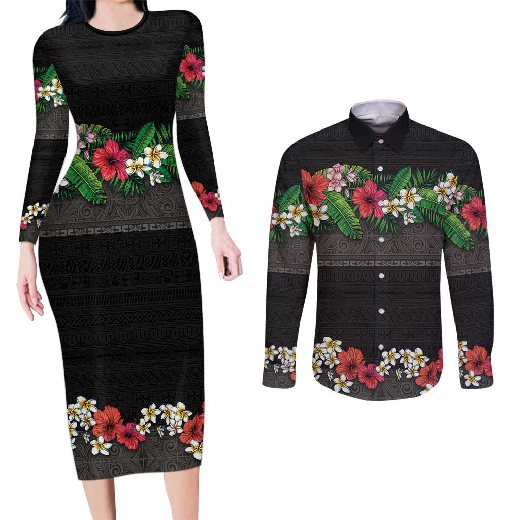 Hawaiian Tropical Flowers and Tribal Polynesian Tattoo Couples Matching Long Sleeve Bodycon Dress and Long Sleeve Button Shirt Black Color LT03 Black - Polynesian Pride