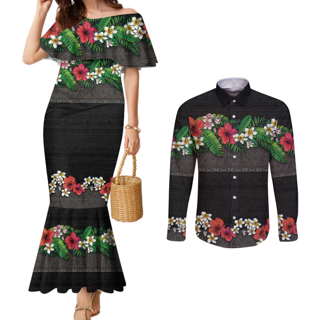 Hawaiian Tropical Flowers and Tribal Polynesian Tattoo Couples Matching Mermaid Dress and Long Sleeve Button Shirt Black Color LT03 Black - Polynesian Pride