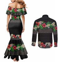 Hawaiian Tropical Flowers and Tribal Polynesian Tattoo Couples Matching Mermaid Dress and Long Sleeve Button Shirt Black Color LT03 - Polynesian Pride