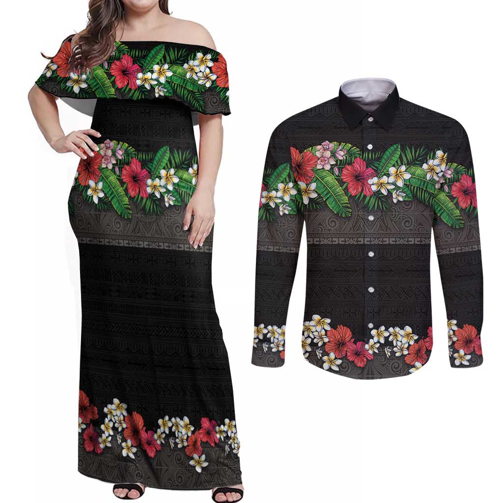 Hawaiian Tropical Flowers and Tribal Polynesian Tattoo Couples Matching Off Shoulder Maxi Dress and Long Sleeve Button Shirt Black Color LT03 Black - Polynesian Pride