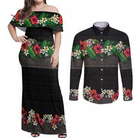 Hawaiian Tropical Flowers and Tribal Polynesian Tattoo Couples Matching Off Shoulder Maxi Dress and Long Sleeve Button Shirt Black Color LT03 Black - Polynesian Pride