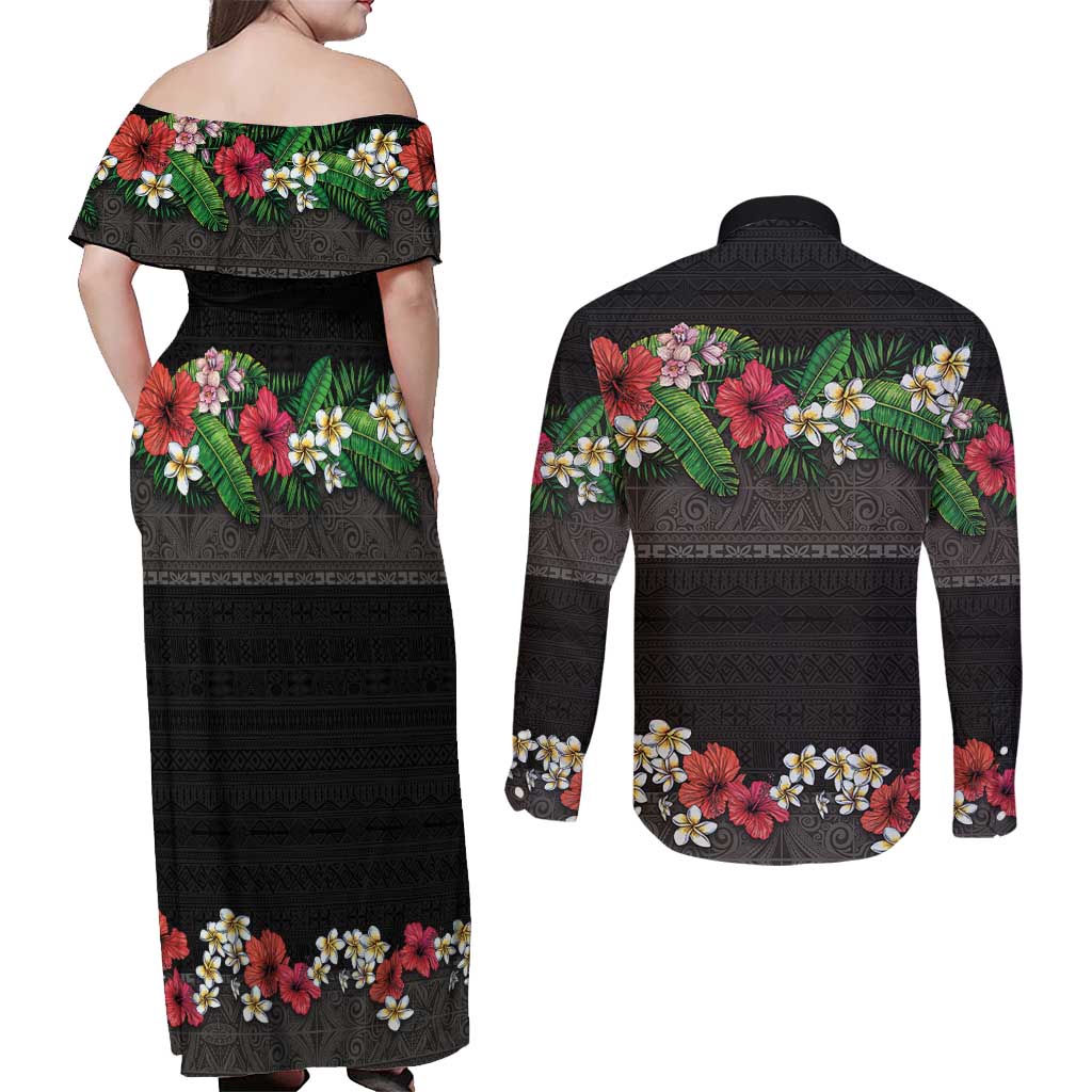 Hawaiian Tropical Flowers and Tribal Polynesian Tattoo Couples Matching Off Shoulder Maxi Dress and Long Sleeve Button Shirt Black Color LT03 - Polynesian Pride