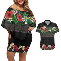 Hawaiian Tropical Flowers and Tribal Polynesian Tattoo Couples Matching Off Shoulder Short Dress and Hawaiian Shirt Black Color LT03 Black - Polynesian Pride