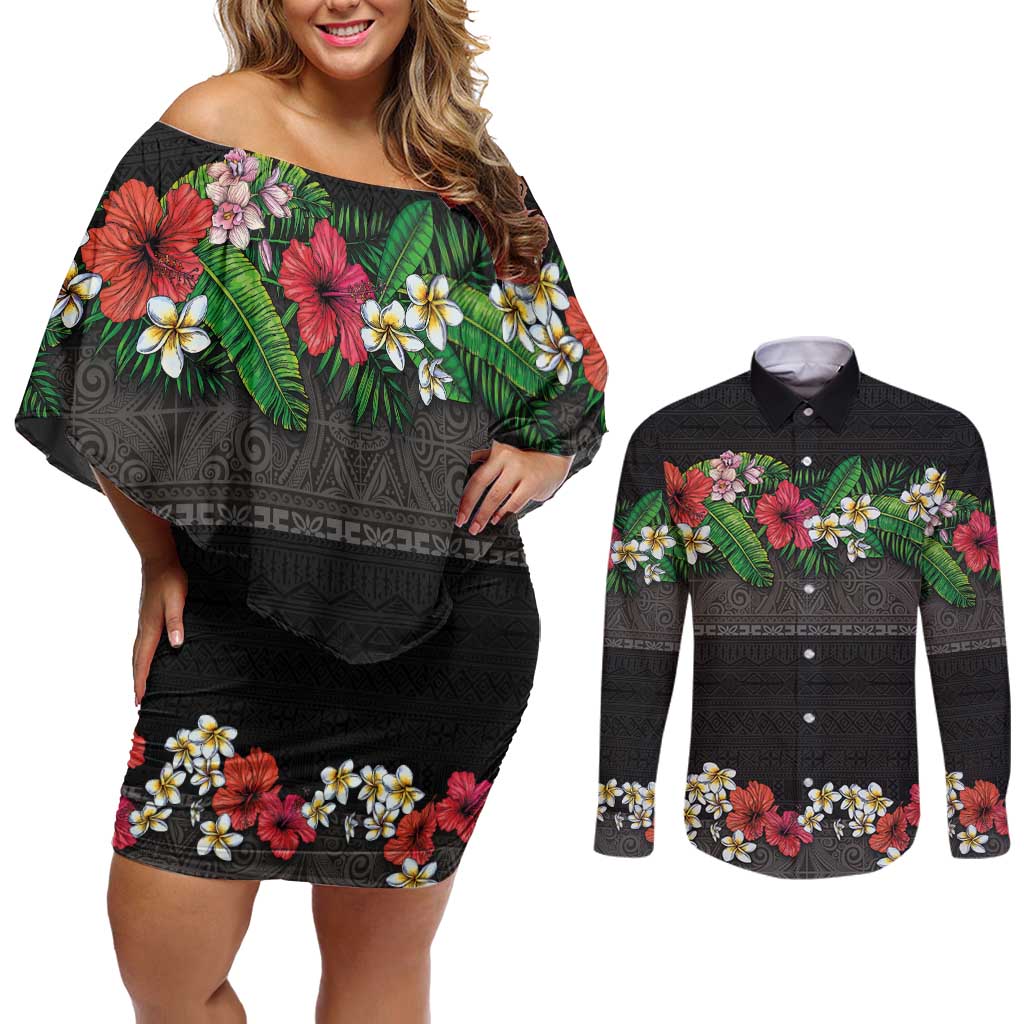 Hawaiian Tropical Flowers and Tribal Polynesian Tattoo Couples Matching Off Shoulder Short Dress and Long Sleeve Button Shirt Black Color LT03 Black - Polynesian Pride