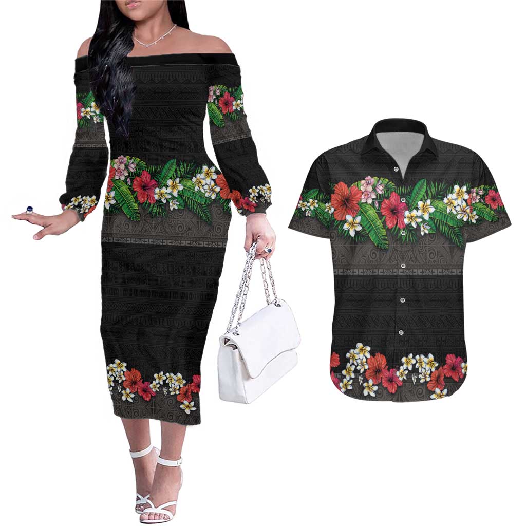 Hawaiian Tropical Flowers and Tribal Polynesian Tattoo Couples Matching Off The Shoulder Long Sleeve Dress and Hawaiian Shirt Black Color LT03 Black - Polynesian Pride