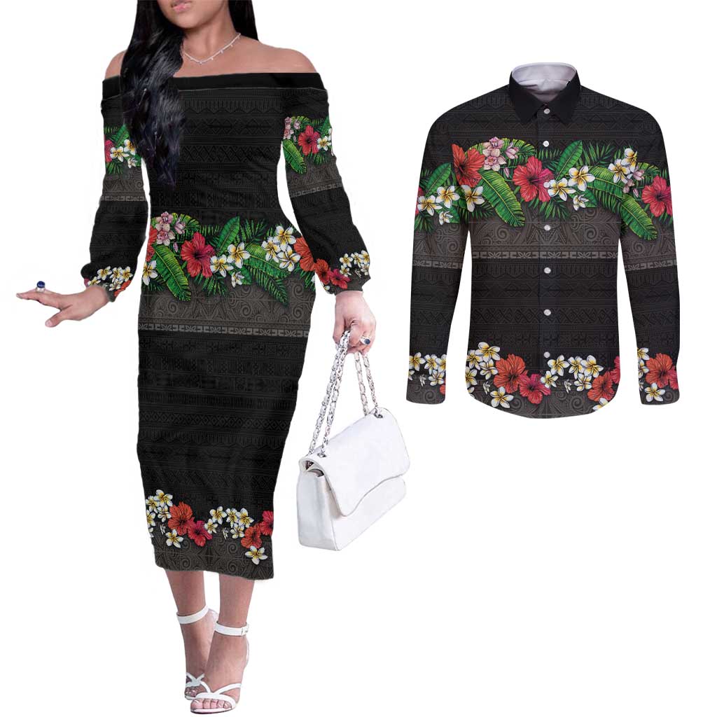 Hawaiian Tropical Flowers and Tribal Polynesian Tattoo Couples Matching Off The Shoulder Long Sleeve Dress and Long Sleeve Button Shirt Black Color LT03 Black - Polynesian Pride