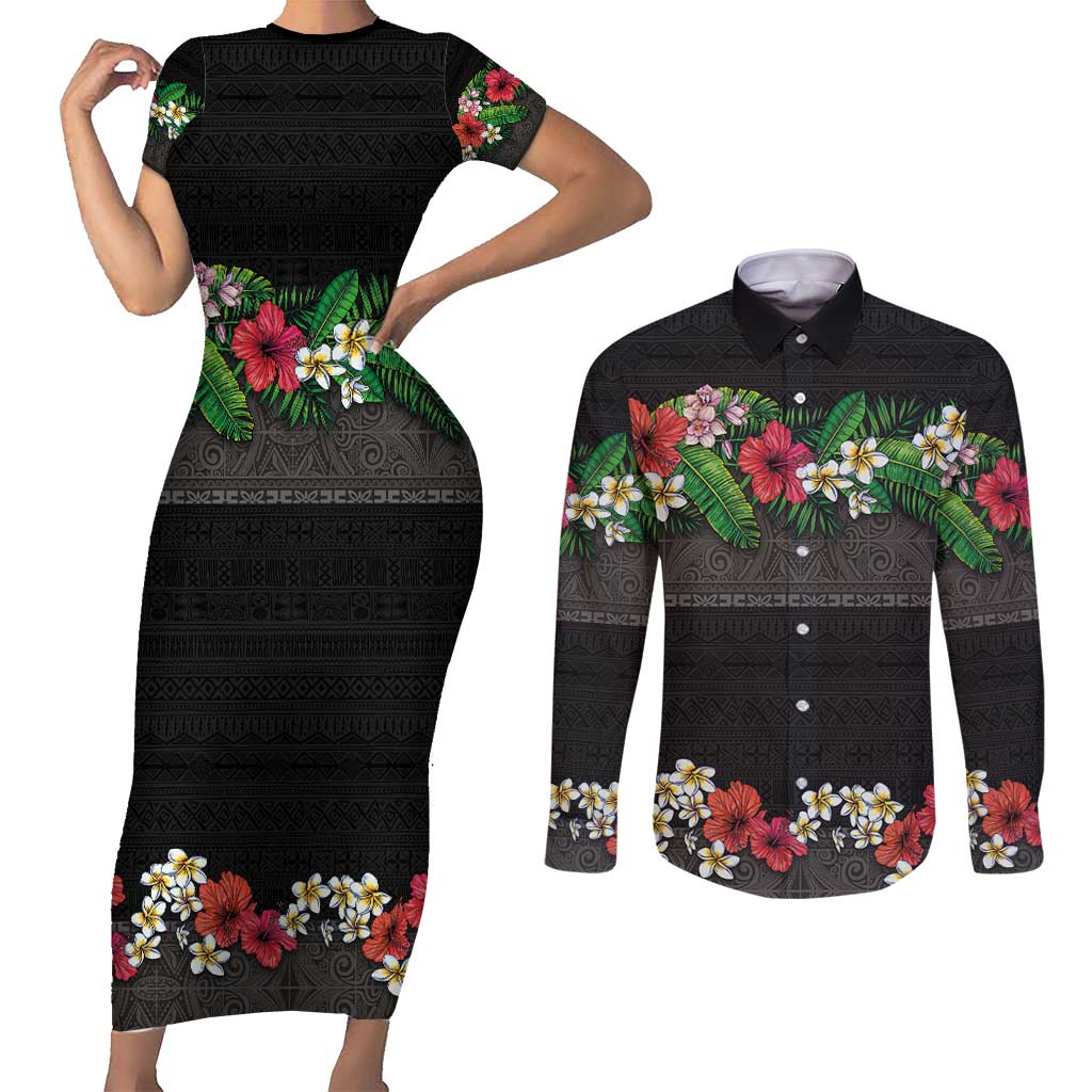 Hawaiian Tropical Flowers and Tribal Polynesian Tattoo Couples Matching Short Sleeve Bodycon Dress and Long Sleeve Button Shirt Black Color LT03 Black - Polynesian Pride
