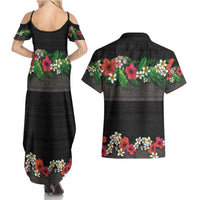 Hawaiian Tropical Flowers and Tribal Polynesian Tattoo Couples Matching Summer Maxi Dress and Hawaiian Shirt Black Color LT03 - Polynesian Pride