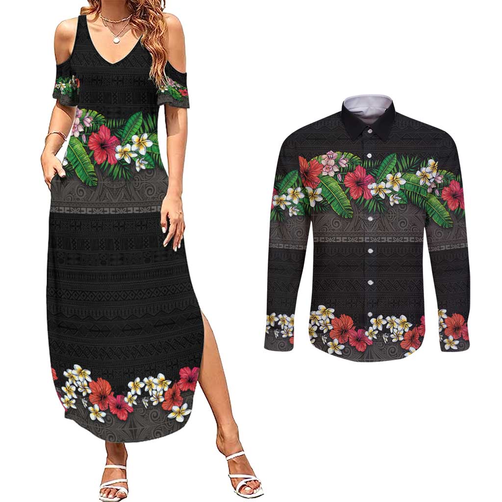 Hawaiian Tropical Flowers and Tribal Polynesian Tattoo Couples Matching Summer Maxi Dress and Long Sleeve Button Shirt Black Color LT03 Black - Polynesian Pride