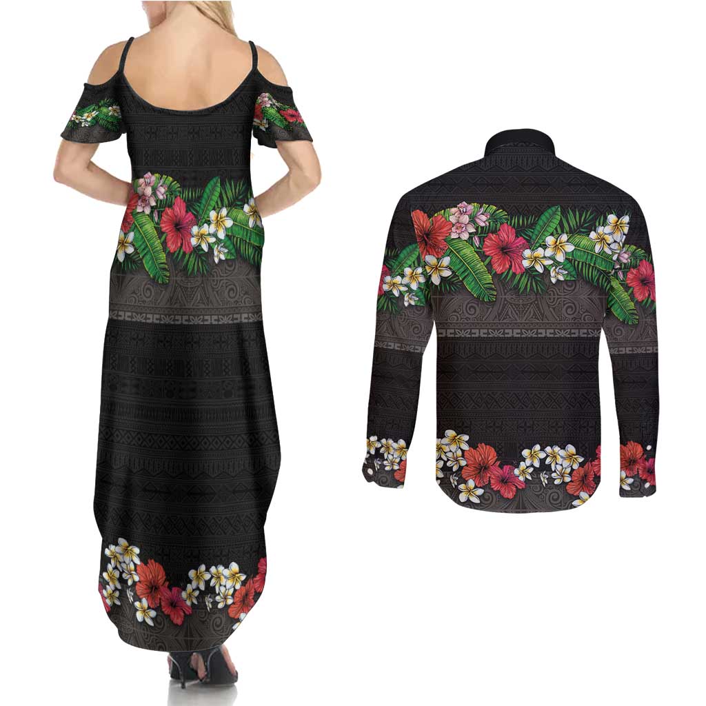 Hawaiian Tropical Flowers and Tribal Polynesian Tattoo Couples Matching Summer Maxi Dress and Long Sleeve Button Shirt Black Color LT03 - Polynesian Pride