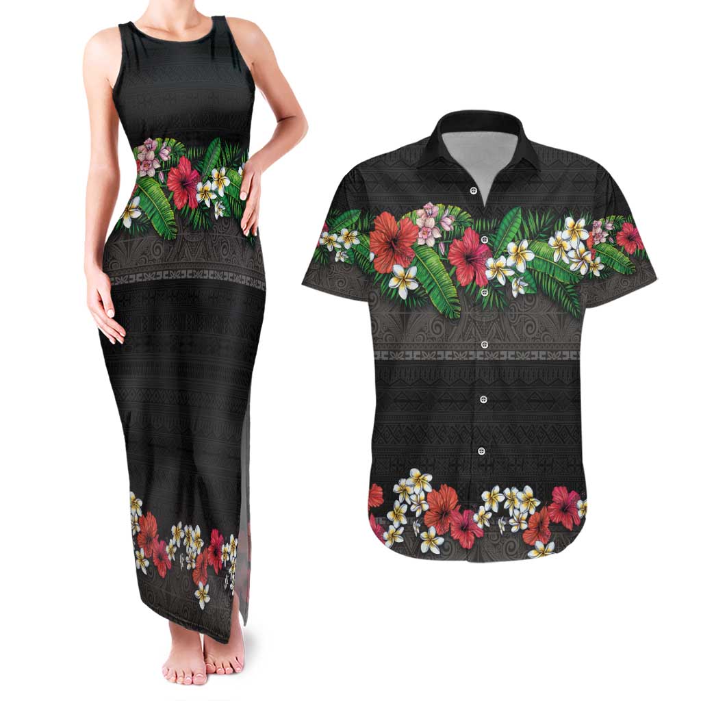 Hawaiian Tropical Flowers and Tribal Polynesian Tattoo Couples Matching Tank Maxi Dress and Hawaiian Shirt Black Color LT03 Black - Polynesian Pride
