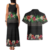 Hawaiian Tropical Flowers and Tribal Polynesian Tattoo Couples Matching Tank Maxi Dress and Hawaiian Shirt Black Color LT03 - Polynesian Pride