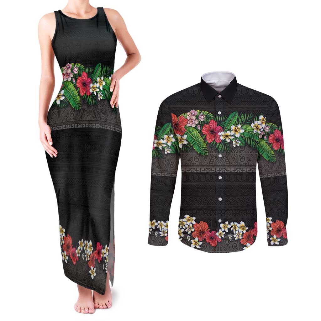 Hawaiian Tropical Flowers and Tribal Polynesian Tattoo Couples Matching Tank Maxi Dress and Long Sleeve Button Shirt Black Color LT03 Black - Polynesian Pride