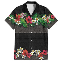 Hawaiian Tropical Flowers and Tribal Polynesian Tattoo Family Matching Off Shoulder Maxi Dress and Hawaiian Shirt Black Color
