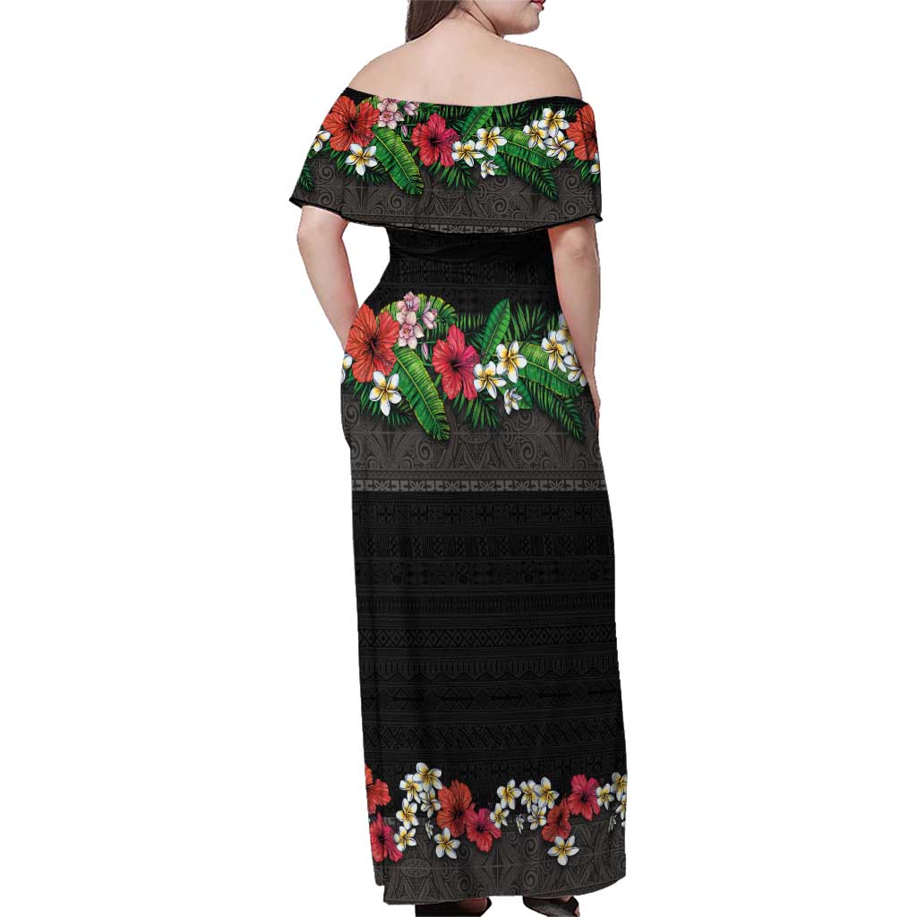 Hawaiian Tropical Flowers and Tribal Polynesian Tattoo Family Matching Off Shoulder Maxi Dress and Hawaiian Shirt Black Color