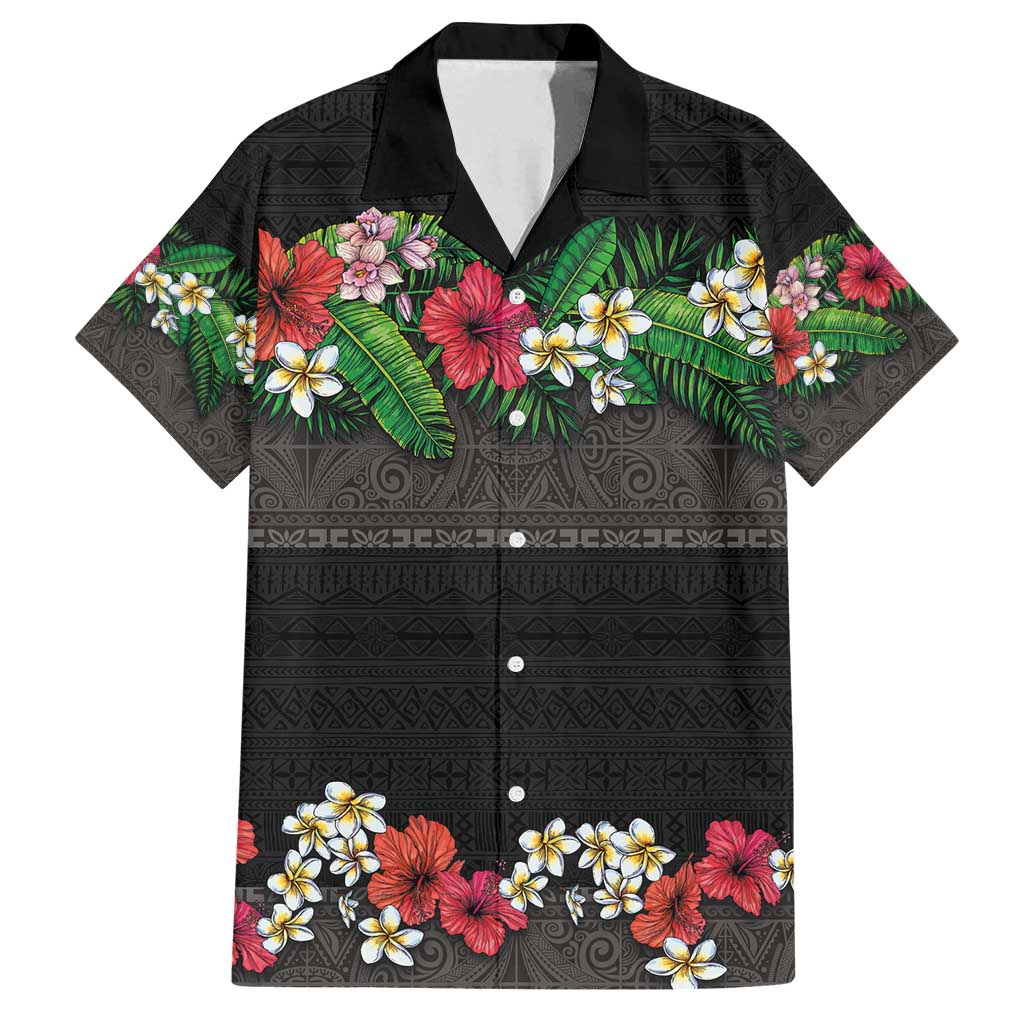 Hawaiian Tropical Flowers and Tribal Polynesian Tattoo Family Matching Puletasi and Hawaiian Shirt Black Color