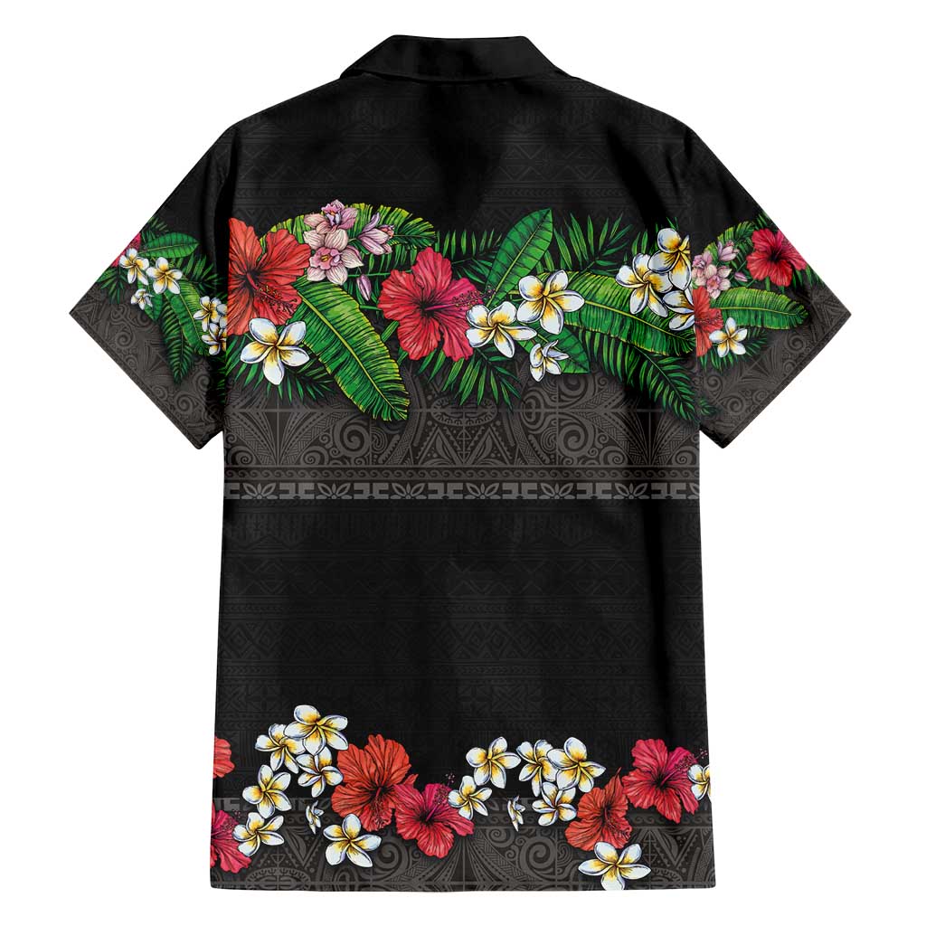 Hawaiian Tropical Flowers and Tribal Polynesian Tattoo Family Matching Puletasi and Hawaiian Shirt Black Color