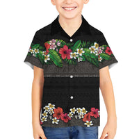 Hawaiian Tropical Flowers and Tribal Polynesian Tattoo Family Matching Puletasi and Hawaiian Shirt Black Color