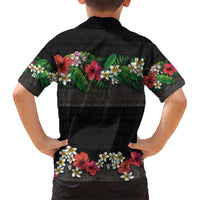 Hawaiian Tropical Flowers and Tribal Polynesian Tattoo Family Matching Short Sleeve Bodycon Dress and Hawaiian Shirt Black Color LT03 - Polynesian Pride