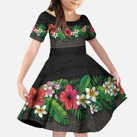 Hawaiian Tropical Flowers and Tribal Polynesian Tattoo Family Matching Short Sleeve Bodycon Dress and Hawaiian Shirt Black Color LT03 Daughter's Dress Black - Polynesian Pride