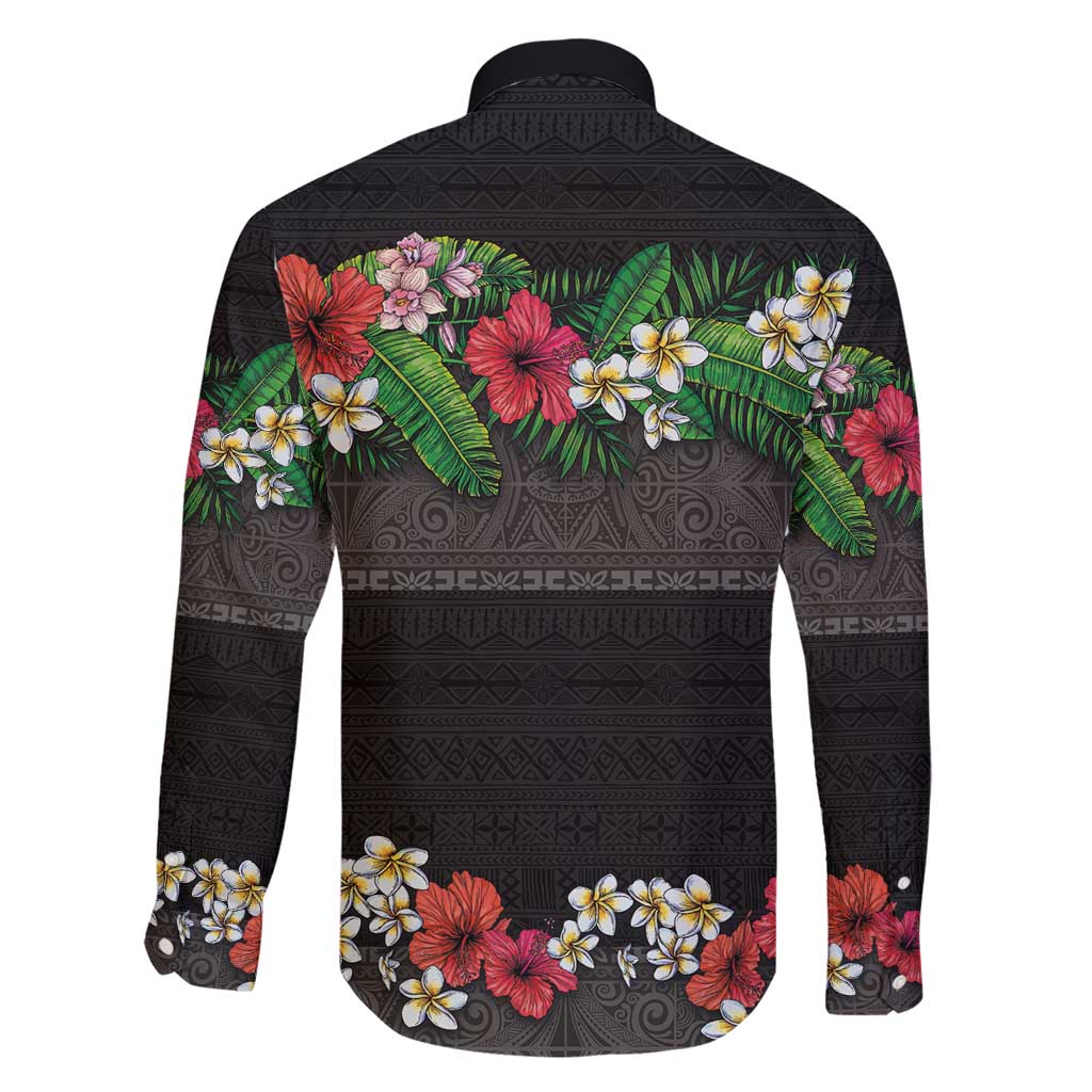 Hawaiian Tropical Flowers and Tribal Polynesian Tattoo Family Matching Short Sleeve Bodycon Dress and Hawaiian Shirt Black Color LT03 - Polynesian Pride