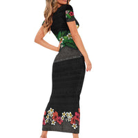 Hawaiian Tropical Flowers and Tribal Polynesian Tattoo Family Matching Short Sleeve Bodycon Dress and Hawaiian Shirt Black Color LT03 - Polynesian Pride