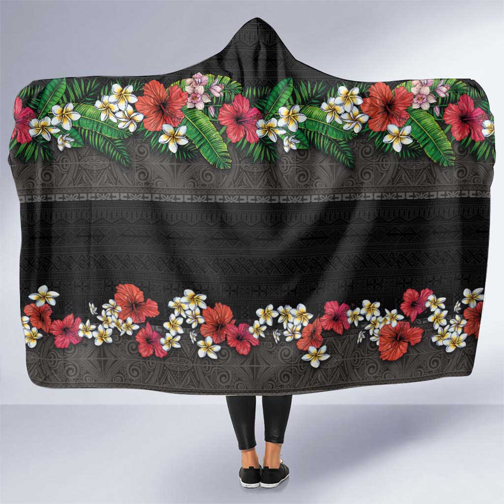 Hawaiian Tropical Flowers and Tribal Polynesian Tattoo Hooded Blanket Black Color LT03 One Size Black - Polynesian Pride