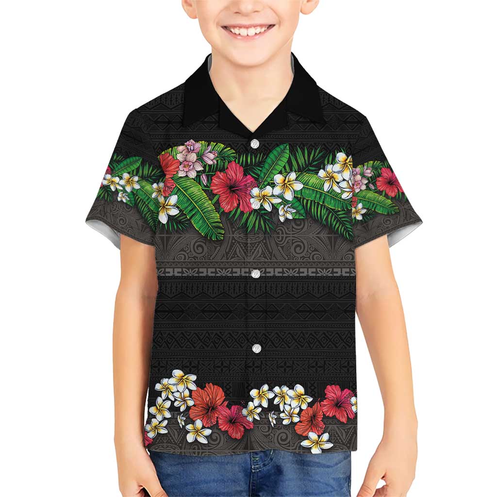 Hawaiian Tropical Flowers and Tribal Polynesian Tattoo Kid Hawaiian Shirt Black Color LT03 Kid Black - Polynesian Pride