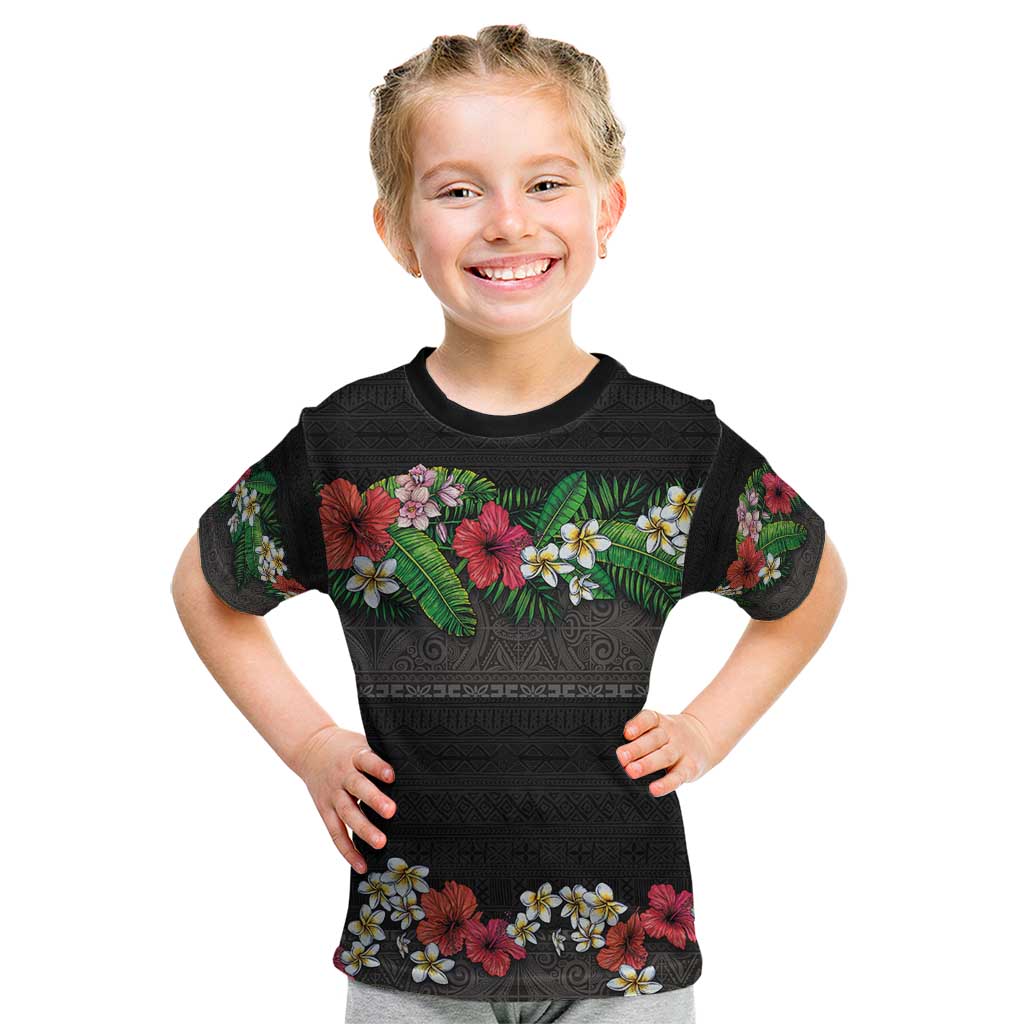 Hawaiian Tropical Flowers and Tribal Polynesian Tattoo Kid T Shirt Black Color LT03 Black - Polynesian Pride