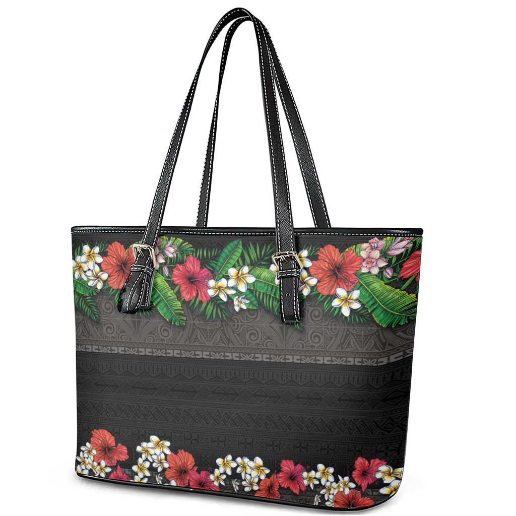 Hawaiian Tropical Flowers and Tribal Polynesian Tattoo Leather Tote Bag Black Color