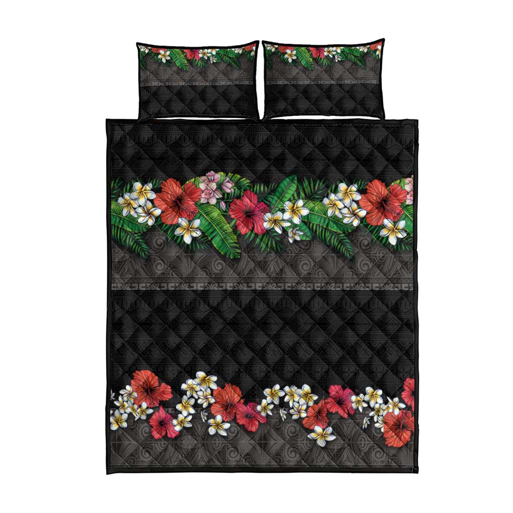 Hawaiian Tropical Flowers and Tribal Polynesian Tattoo Quilt Bed Set Black Color