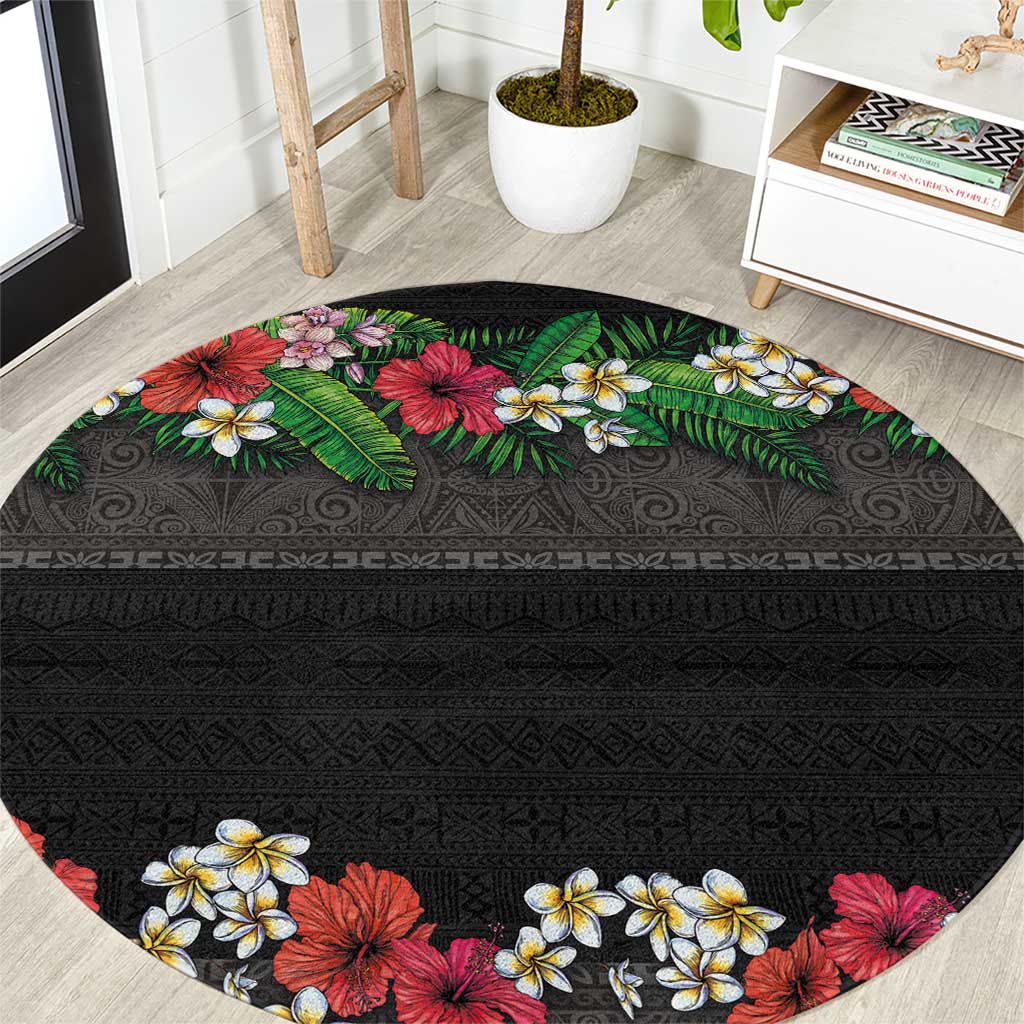 Hawaiian Tropical Flowers and Tribal Polynesian Tattoo Round Carpet Black Color LT03 Black - Polynesian Pride