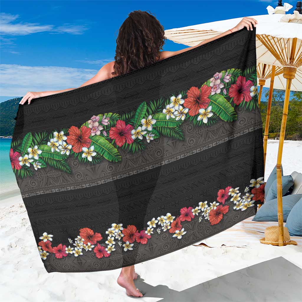 Hawaiian Tropical Flowers and Tribal Polynesian Tattoo Sarong Black Color LT03 One Size 44 x 66 inches Black - Polynesian Pride