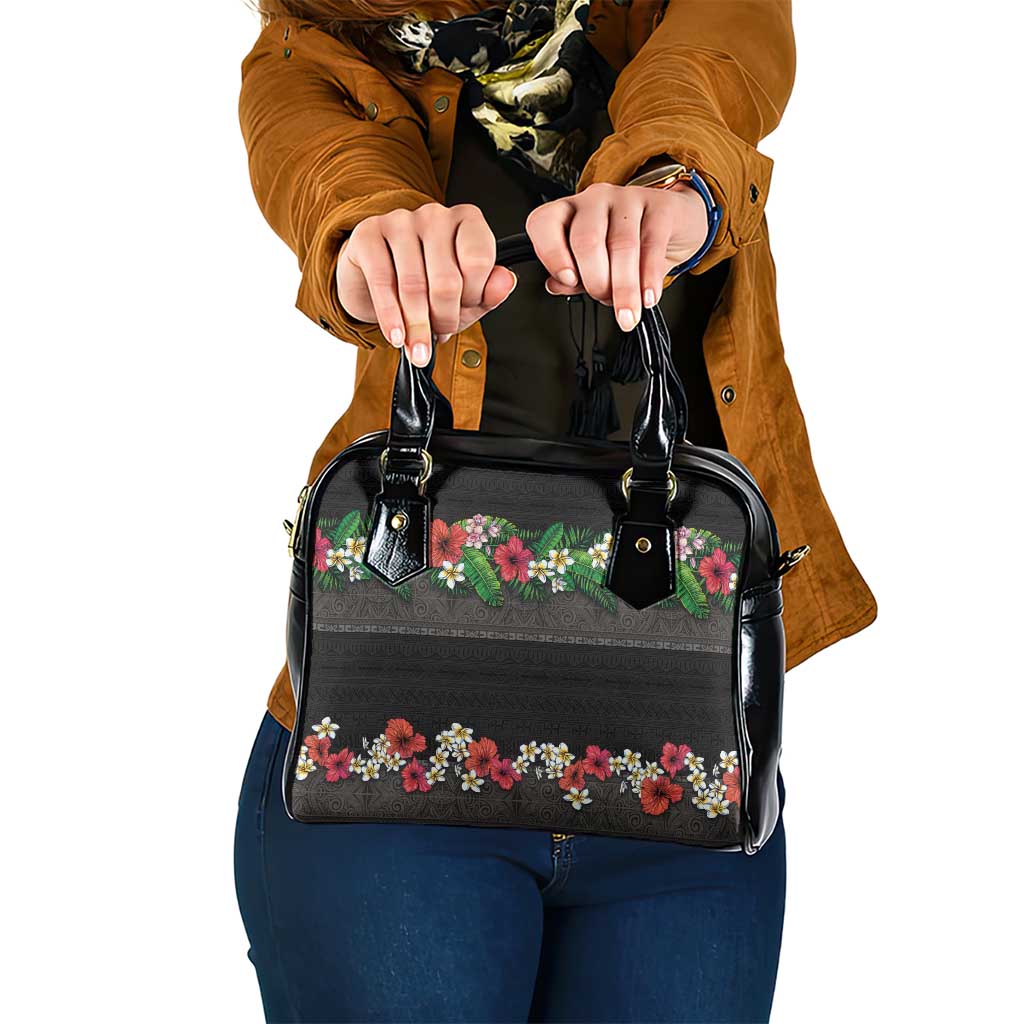 Hawaiian Tropical Flowers and Tribal Polynesian Tattoo Shoulder Handbag Black Color LT03 One Size Black - Polynesian Pride