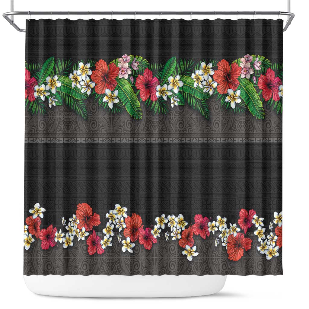 Hawaiian Tropical Flowers and Tribal Polynesian Tattoo Shower Curtain Black Color LT03 Black - Polynesian Pride