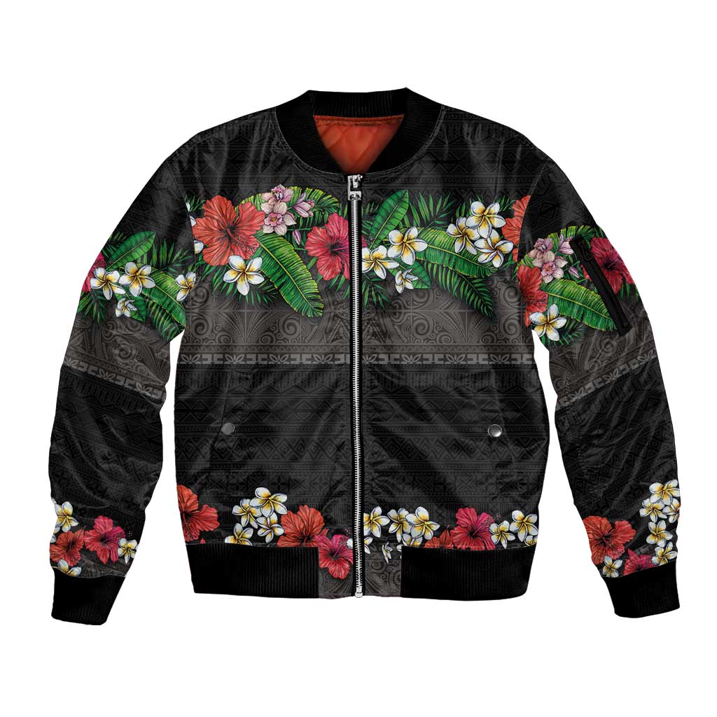 Hawaiian Tropical Flowers and Tribal Polynesian Tattoo Sleeve Zip Bomber Jacket Black Color LT03 Unisex Black - Polynesian Pride
