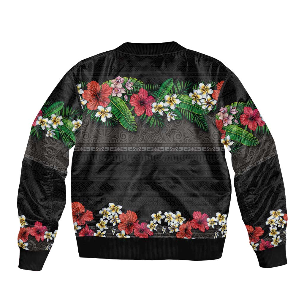 Hawaiian Tropical Flowers and Tribal Polynesian Tattoo Sleeve Zip Bomber Jacket Black Color LT03 - Polynesian Pride