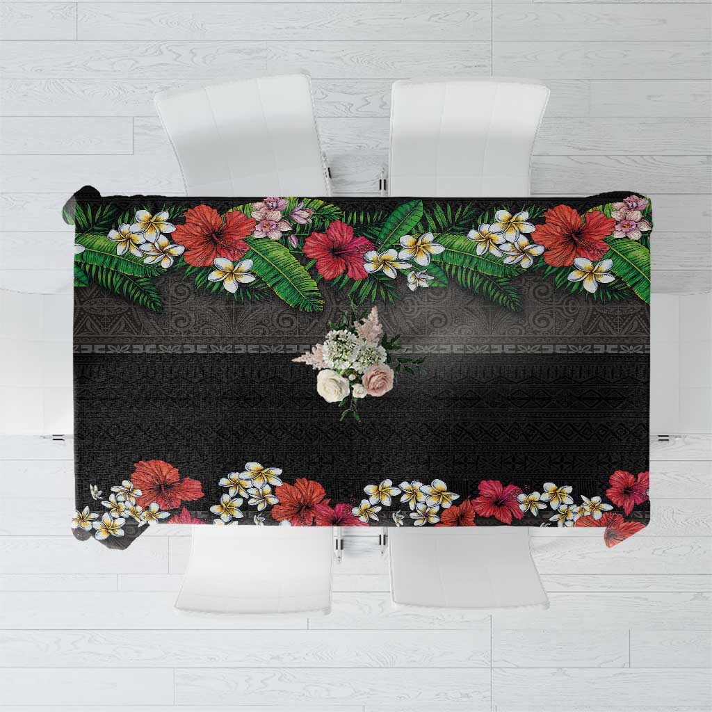 Hawaiian Tropical Flowers and Tribal Polynesian Tattoo Tablecloth Black Color LT03 Black - Polynesian Pride