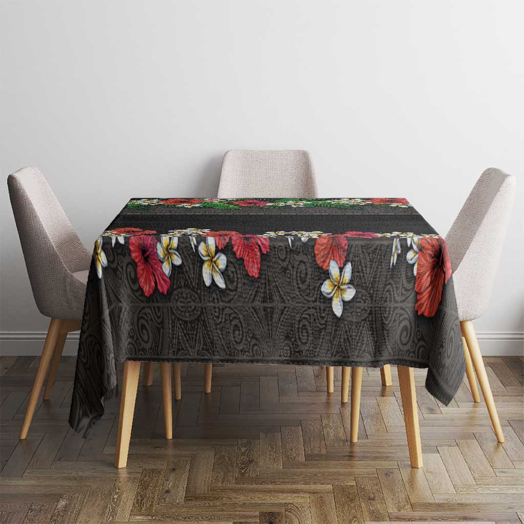 Hawaiian Tropical Flowers and Tribal Polynesian Tattoo Tablecloth Black Color