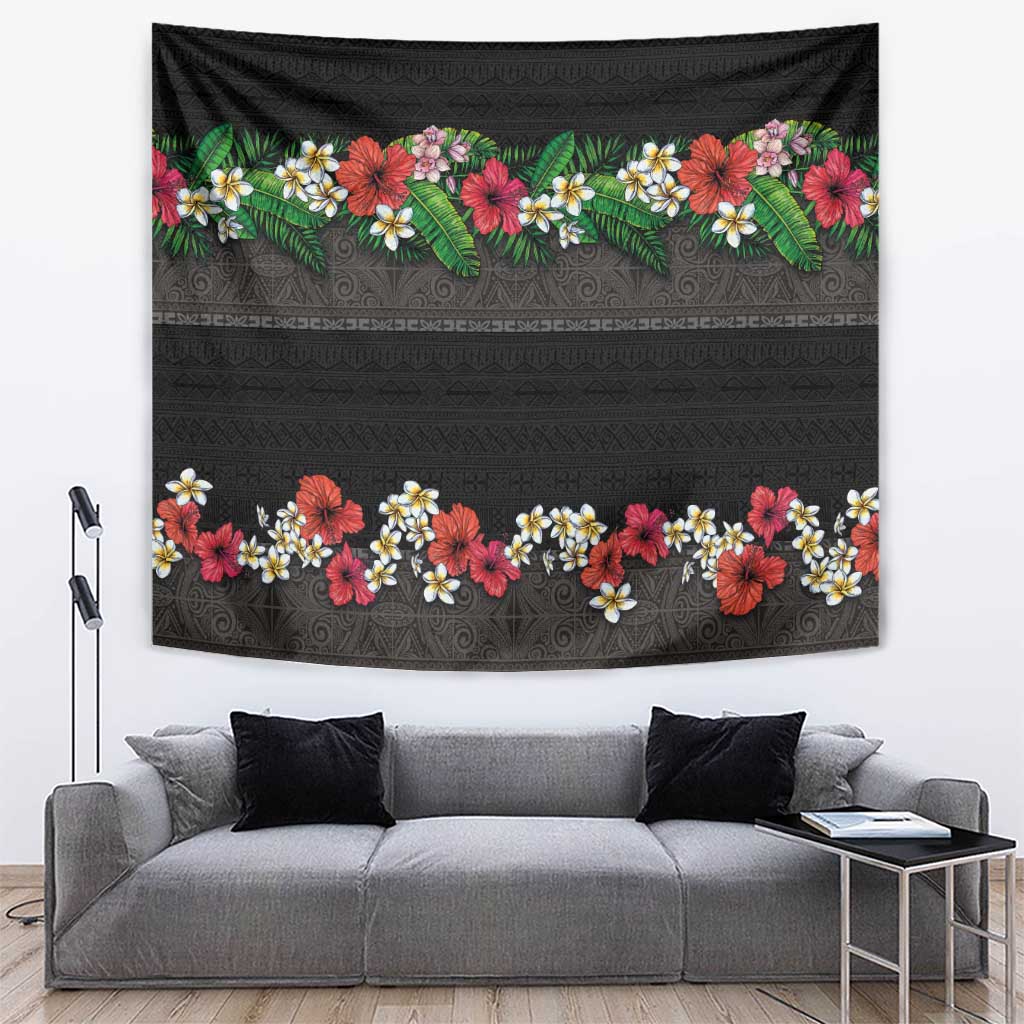 Hawaiian Tropical Flowers and Tribal Polynesian Tattoo Tapestry Black Color LT03 Black - Polynesian Pride