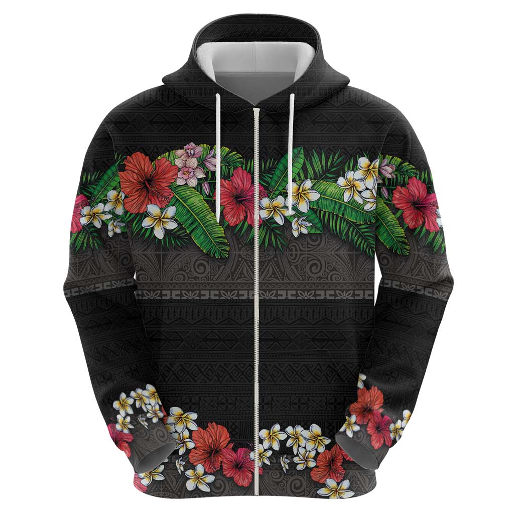 Hawaiian Tropical Flowers and Tribal Polynesian Tattoo Zip Hoodie Black Color