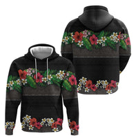 Hawaiian Tropical Flowers and Tribal Polynesian Tattoo Zip Hoodie Black Color
