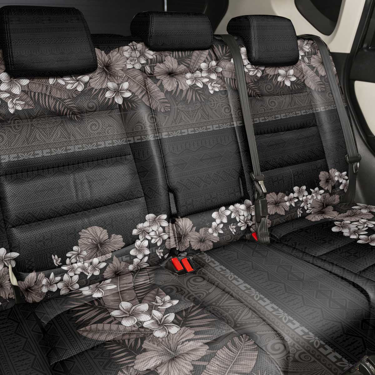 Hawaiian Tropical Flowers and Tribal Polynesian Tattoo Back Car Seat Cover Grayscale Mode LT03 - Polynesian Pride