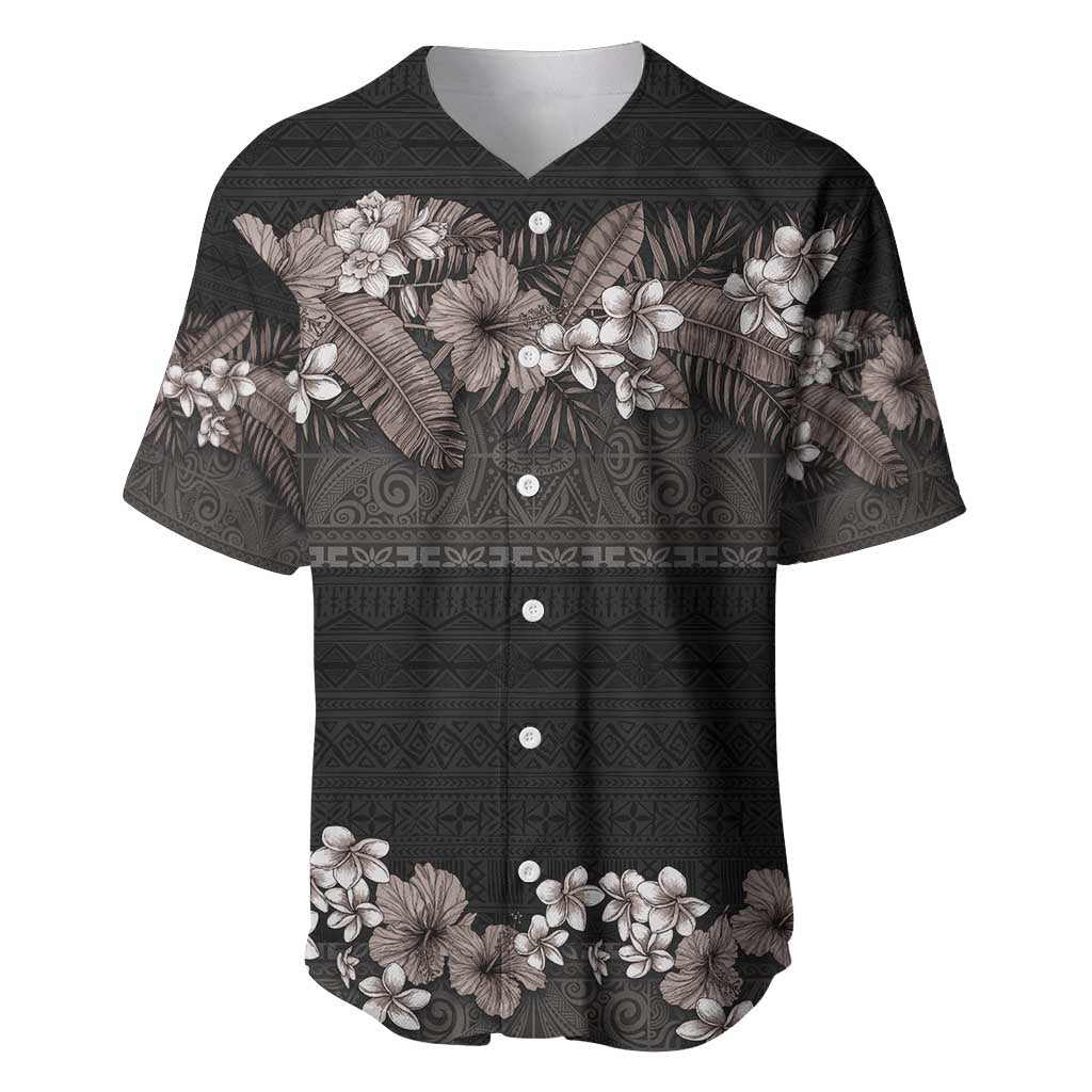 Hawaiian Tropical Flowers and Tribal Polynesian Tattoo Baseball Jersey Grayscale Mode LT03 Black - Polynesian Pride