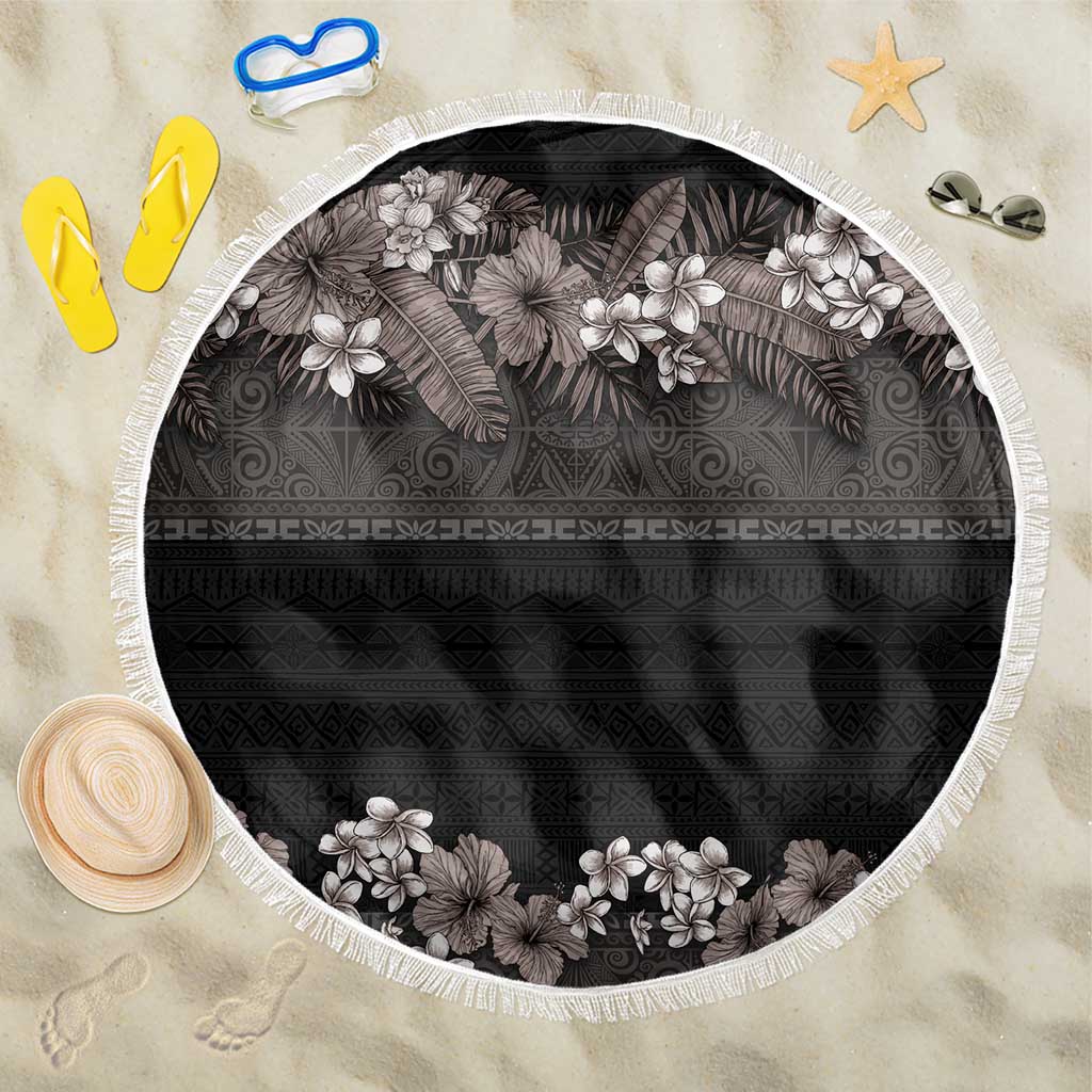 Hawaiian Tropical Flowers and Tribal Polynesian Tattoo Beach Blanket Grayscale Mode LT03 One Size 150cm Black - Polynesian Pride