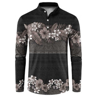 Hawaiian Tropical Flowers and Tribal Polynesian Tattoo Button Sweatshirt Grayscale Mode
