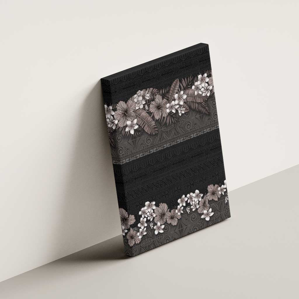 Hawaiian Tropical Flowers and Tribal Polynesian Tattoo Canvas Wall Art Grayscale Mode