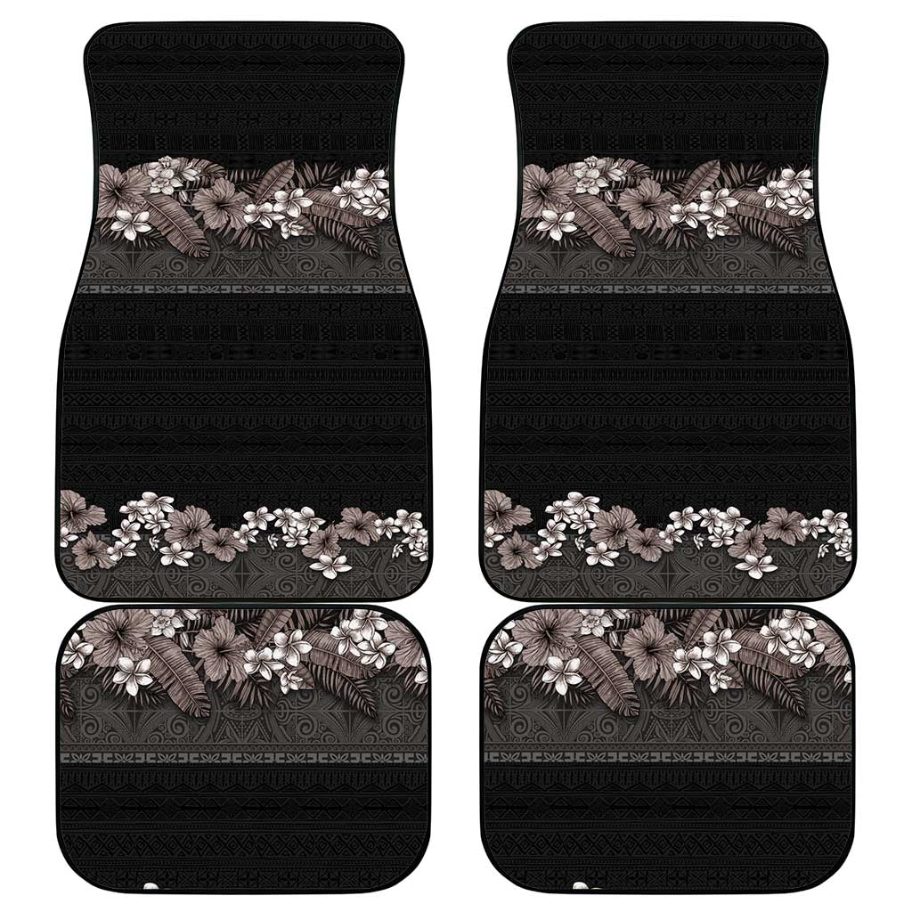 Hawaiian Tropical Flowers and Tribal Polynesian Tattoo Car Mats Grayscale Mode