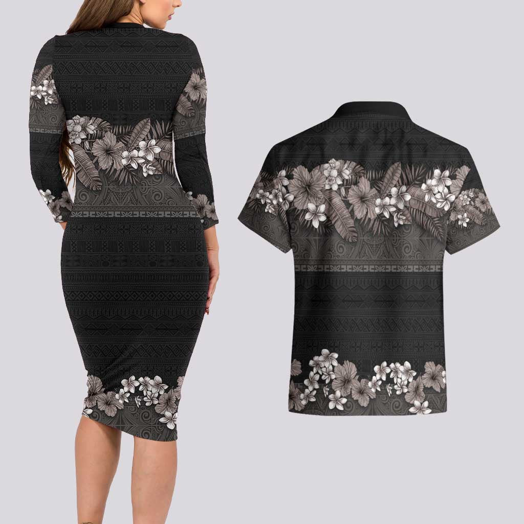 Hawaiian Tropical Flowers and Tribal Polynesian Tattoo Couples Matching Long Sleeve Bodycon Dress and Hawaiian Shirt Grayscale Mode